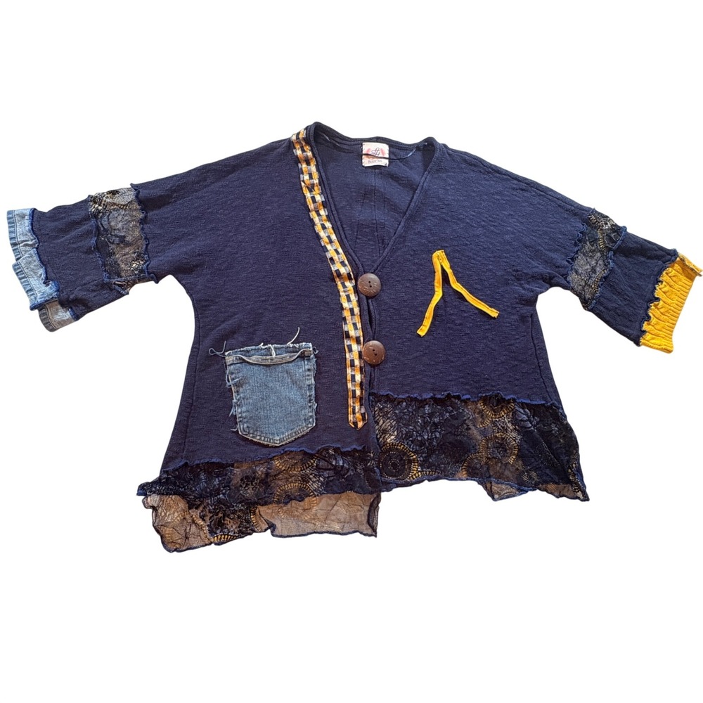 LJJ‎ Fashions Navy Blue Patchwork Lace Lagenlook Cardigan Sweater Boho Art Wear